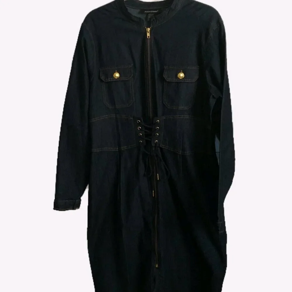 Ashley Stewart Women Chambray Zip Up Long Sleeve Maxi Shirt Dress Size 18 - Picture 2 of 5